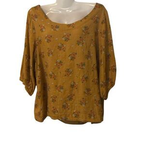 Mustard Yellow Floral Long Sleeve Top | Boho Peasant Blouse | XL | 100% Cotton